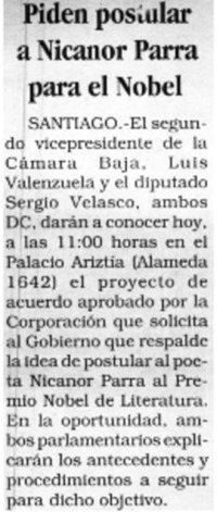 Piden postular a Nicanor Parra para el Nobel