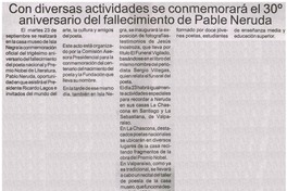 Con diversas actividades se conmemorará el 30° aniversario del fallecimiento de Pablo Neruda