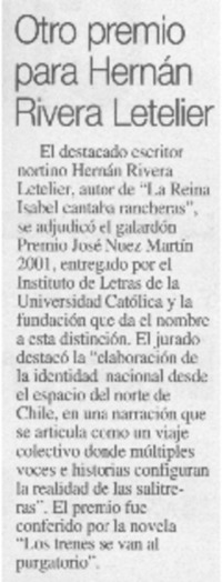 Otro premio para Hernán Rivera Letelier