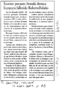 Escritor peruano Iwasaki destaca literatura fallecido Roberto Bolaño.