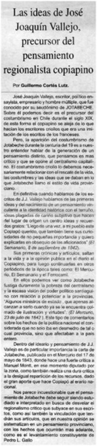 Las ideas de José Joaquín Vallejo, Precursor del pensamiento regionalista copiapino