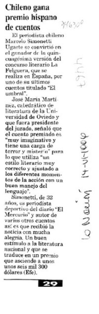 Chileno gana premio hispano de cuentos