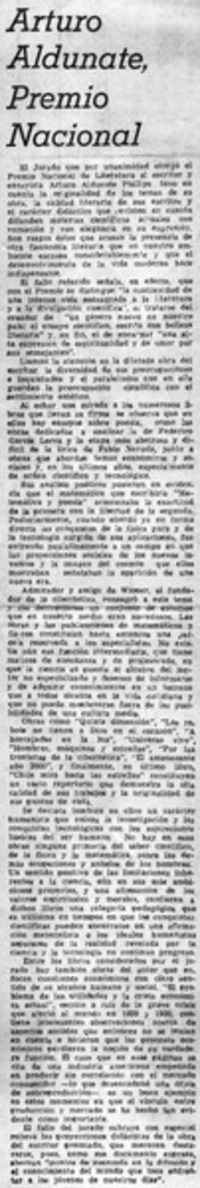 Arturo Aldunate, Premio Nacional.