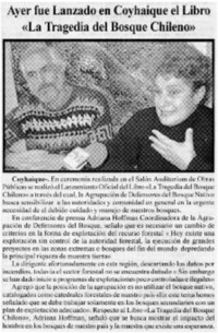 Ayer fue lanzado en Coyhaique el libro "La tragedia del bosque chileno".