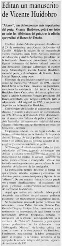 Editan un manuscrito de Vicente Huidobro.