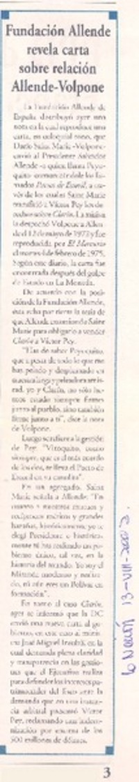 Fundación Allende revela carta sobre relación Allende-Volpone.