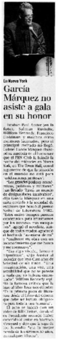 García Márquez no asiste a gala en su honor.
