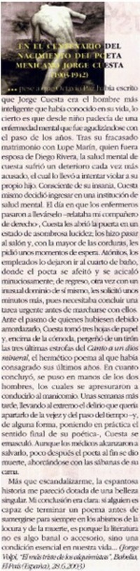 En el centenario del nacimiento del poeta mexicano Cuesta, Jorge Cuesta.
