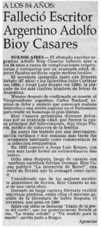 Falleció escritor argentino Adolfo Bioy Casares
