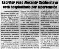 Escritor ruso Alexandr Solzhenitsyn está hospitalizado por hipertensión.