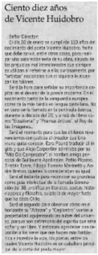 Ciento diez años de Vicente Huidobro
