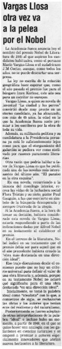 Vargas Llosa otra vez va a la pelea por el Nobel