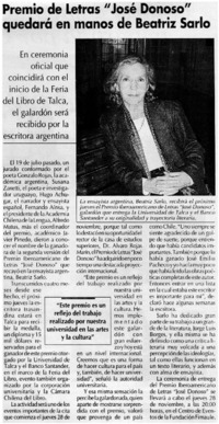 Premio de Letras "José Donoso" quedará en manos de Beatriz Sarlo.