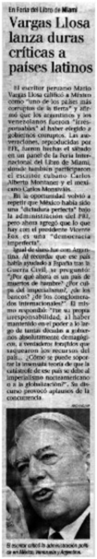 Vargas Llosa lanza duras críticas a países latinos