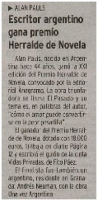 Escritor argentino gana premio Herralde de Novela.