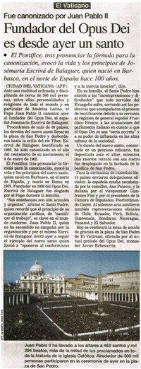 Fundador del Opus Dei es desde ayer un santo.