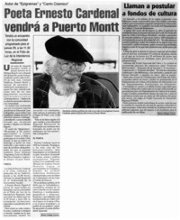 Poeta Ernesto Cardenal vendrá a Puerto Montt