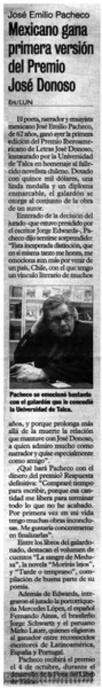 Mexicano gana primera versión del Premio José Donoso.