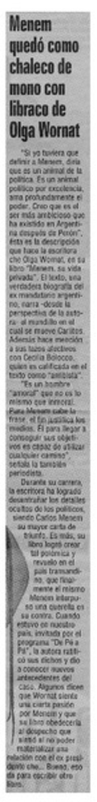 Menem quedó como chaleco de mono con libraco de Olga Wornat