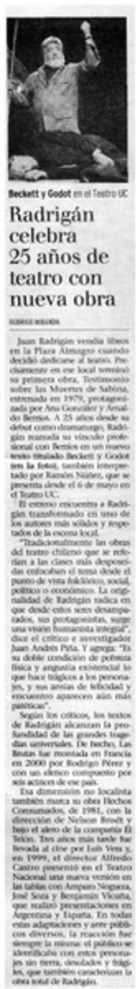 Radrigán celebra 25 años de teatro con nueva obra