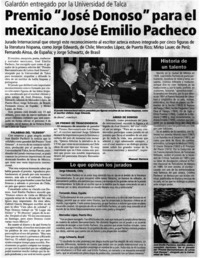 Premio "José Donoso" para el mexicnao José Emilio Pacheco.