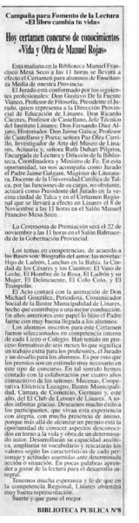 Hoy certamen concurso de conocimientos "Vida y obra de Manuel Rojas".