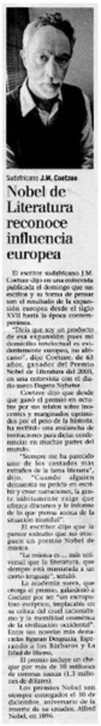 Nobel de Literatura reconoce influencia europea.