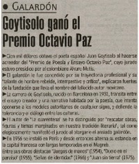 Goytosolo ganó el Premio Octavio Paz