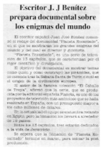 Escritor J. J. Benítez prepara documental sobre los enigmas del mundo.