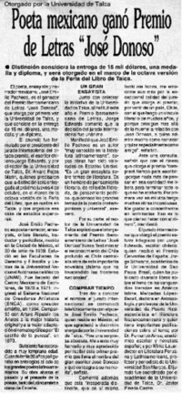 Poeta mexicano ganó Premio de Letras "José Donoso".