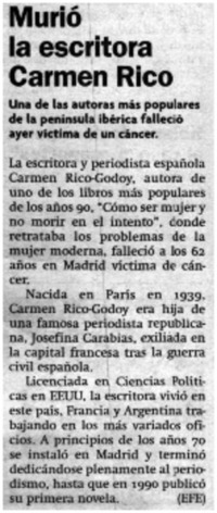 Murió la escritora Carmen Rico.