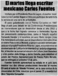El martes llega escritor mexicano Carlos Fuentes