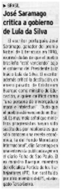 José Saramago critica a gobierno de Lula da Silva