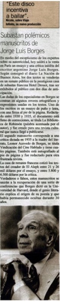 Subastan polémicos manuscritos de Jorge Luis Borges.