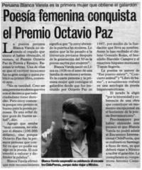 Poesía femenina conquista el Premio Octavio Paz peruana Blanca Varela es la primera mujer que obtiene el galardón