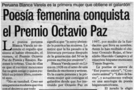Poesía femenina conquista el Premio Octavio Paz peruana Blanca Varela es la primera mujer que obtiene el galardón