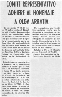 Comité representativo adhiere al homenaje a Olga Arratia.