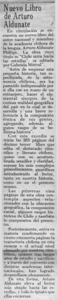 Nuevo libro de Arturo Aldunate.