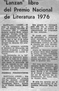 "Lanzan" libro del Premio Nacional de Literatura 1976.