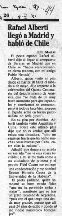 Rafael Alberti llegó a Madrid y habló de Chile.