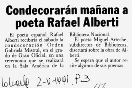 Condecorarán mañana a poeta Rafael Alberti.