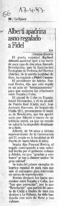 Alberti apadrina asno regalado a Fidel.