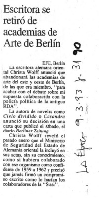 Escritora se retiró de academias de Arte de Berlin.