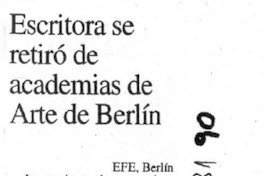 Escritora se retiró de academias de Arte de Berlin.