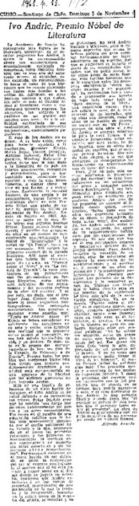 Ivo Andric, Premio Nobel de Literatura