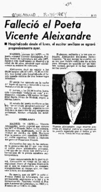 Falleció el poeta Vicente Aleixandre.