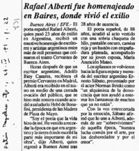 Rafael Alberti fue homenajeado en Baires, donde vivó el exilio.