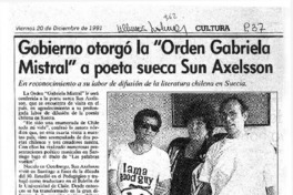 Gobierno otorgó la "Orden Gabriela Mistral" a poeta sueca Sun Axelsson.