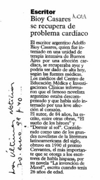 Escritor Bioy Casares se recupera de problema cardíaco.