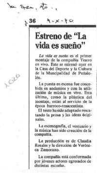 Estreno de "La vida es sueño".